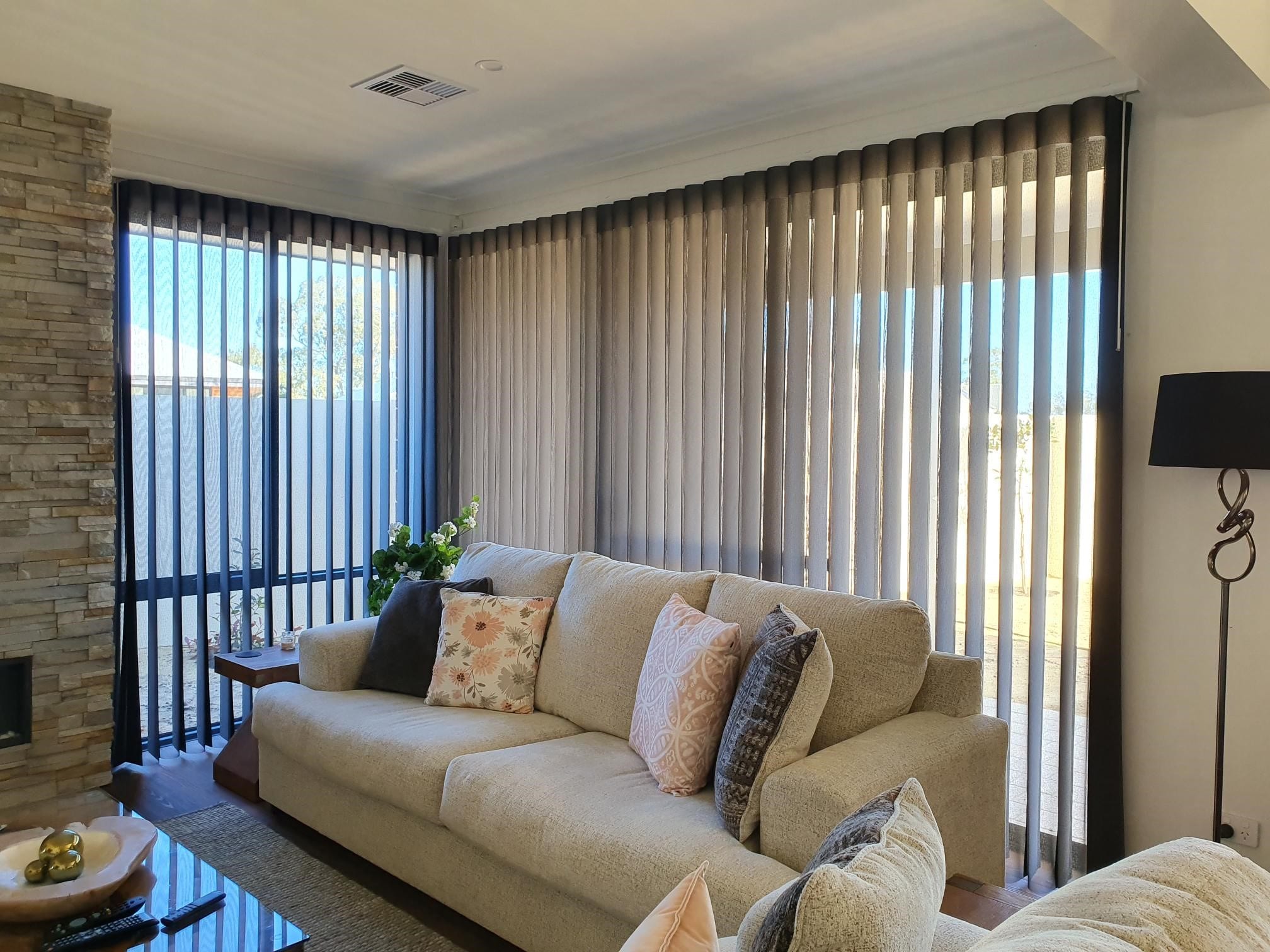 Large panel vertical blinds for a modern living room at Bunbury WA